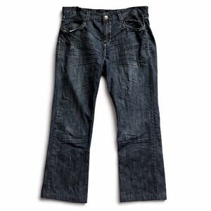 BLACK Y2K Dark Wash Bootcut Jeans Biker Seam Distressed Fade Sz 36